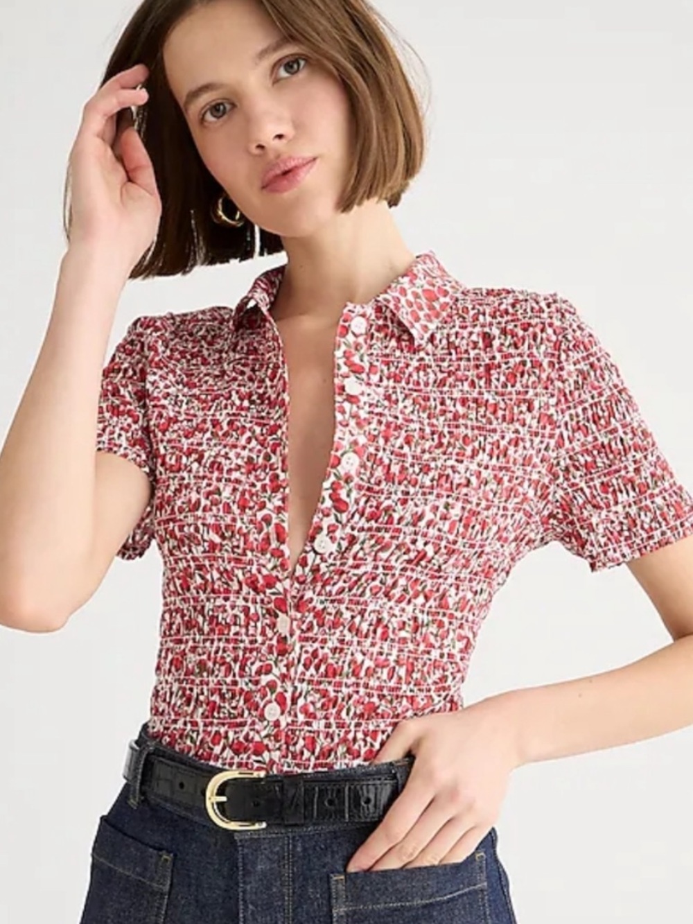 J Crew Smocked button-up shirt in Liberty Eliza's Red fabric